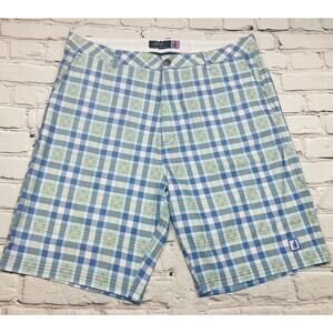 🔥SALE Men’s Johnnie-O West Coast Prep Golf Shorts 35 Stretch 9" Blue Plaid A353